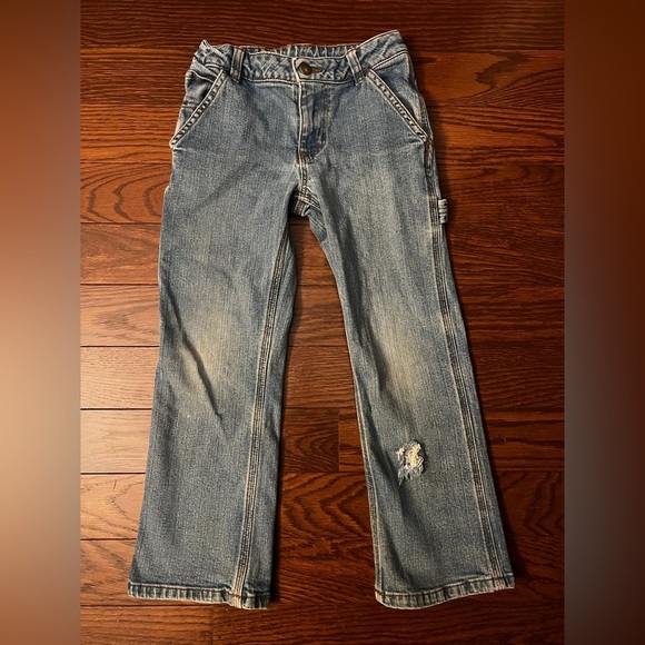 Vintage Carhartt Light Wash Carpenter Blue Jeans Elastic Waist Ripped Size 6 - Picture 1 of 10
